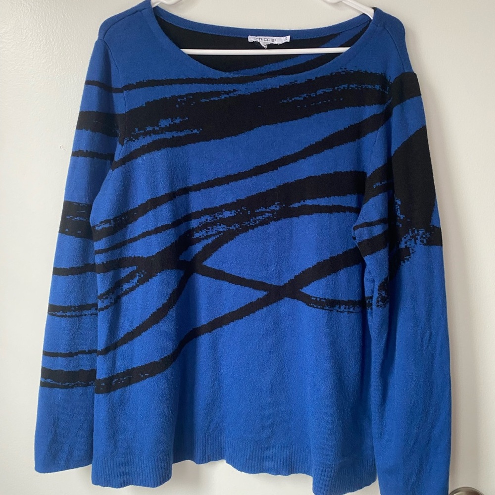 Chico’s Vibrant Blue Black Abstract Print Sweater Size 2 L | Bold Artsy Cozy